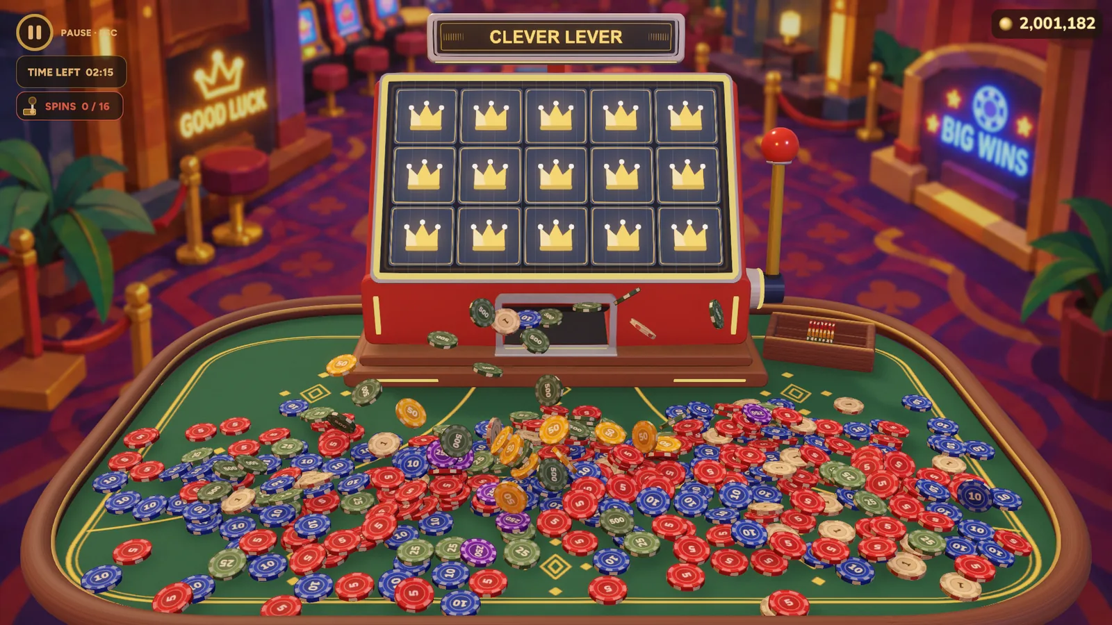 Clever Lever: fifteen crowns on a red slot machine above a casino table covered in chips